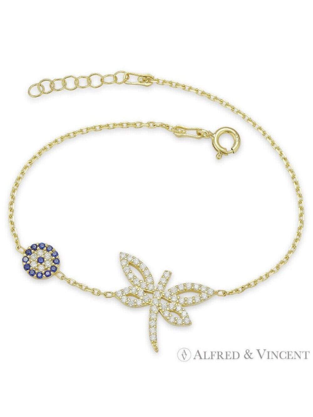 Dragonfly & Evil Eye Nazar Charm Bracelet CZ Crystals in .925 Sterling Silver